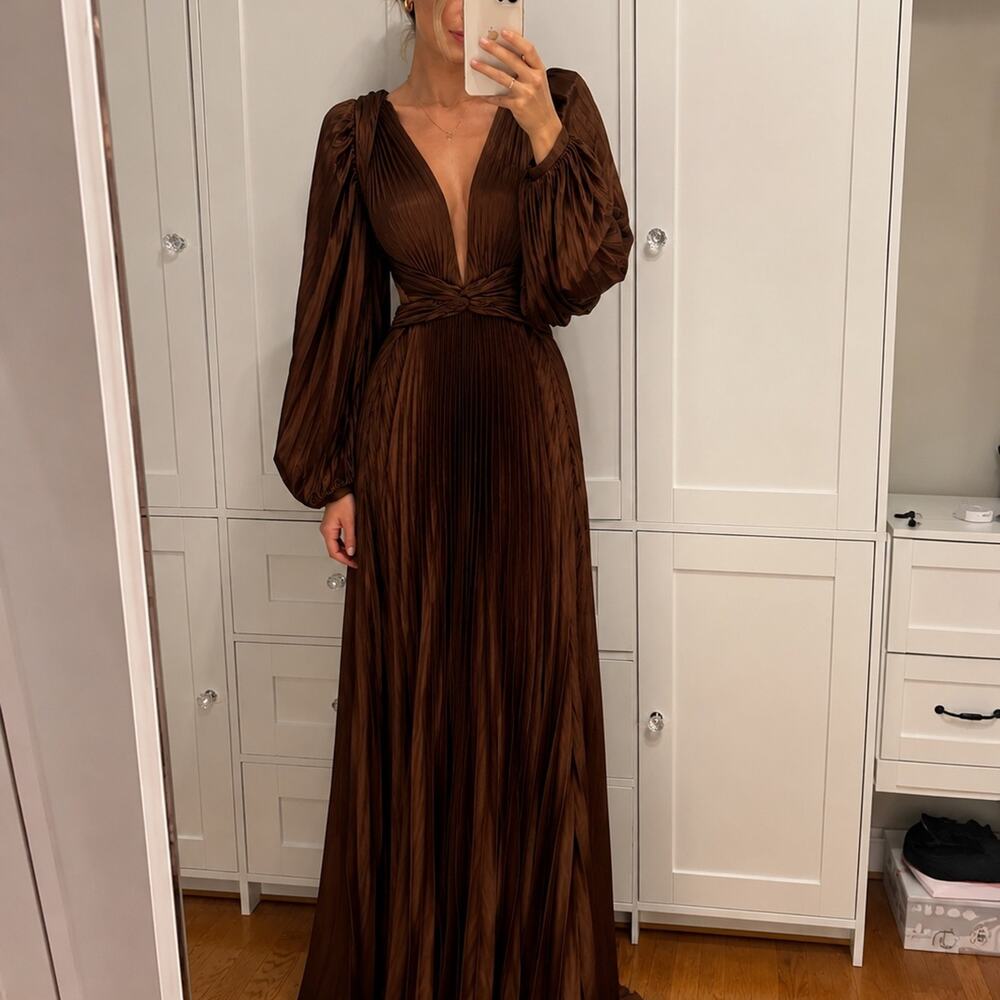 IEENA for Mac Duggal Bronze Pleated Maxi Gown Size 6
